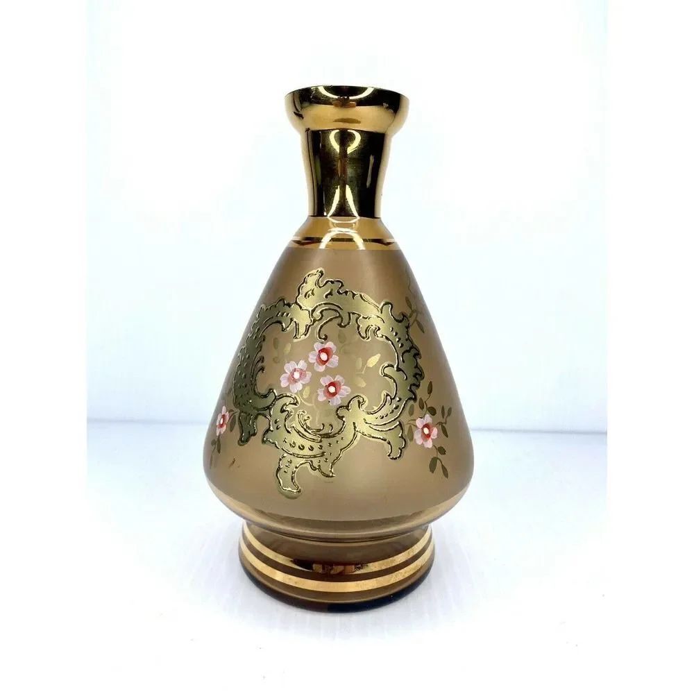 Beautifully Hand Painted Pink Floral Frosted Bohemian Wine Decanter Gold Trim